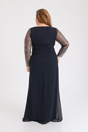 Lilas XXL Kadın Büyük Beden Şifon Uzun Abiye Elbise 9651 Siyah