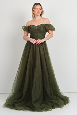 Hvit Vera Kadın Düşük Kol Taş İşlemeli Kabarık Model Uzun Abiye Elbise 5700 Haki