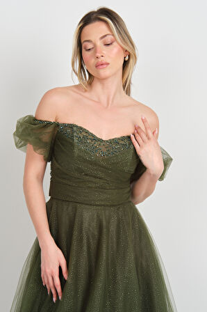 Hvit Vera Kadın Düşük Kol Taş İşlemeli Kabarık Model Uzun Abiye Elbise 5700 Haki