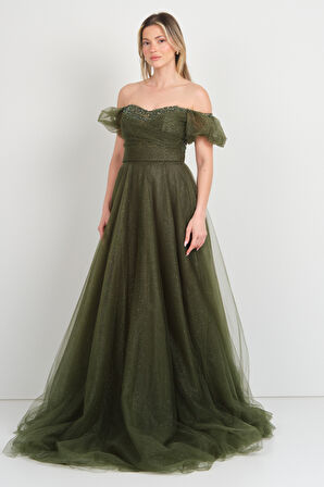 Hvit Vera Kadın Düşük Kol Taş İşlemeli Kabarık Model Uzun Abiye Elbise 5700 Haki