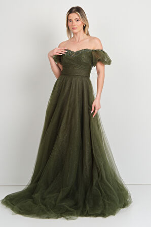 Hvit Vera Kadın Düşük Kol Taş İşlemeli Kabarık Model Uzun Abiye Elbise 5700 Haki