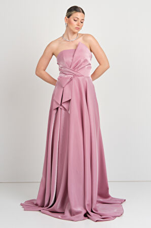 Hvit Vera Kadın Straplez Parlak Saten Kumaş Maxi Abiye Elbise 5785 Pudra