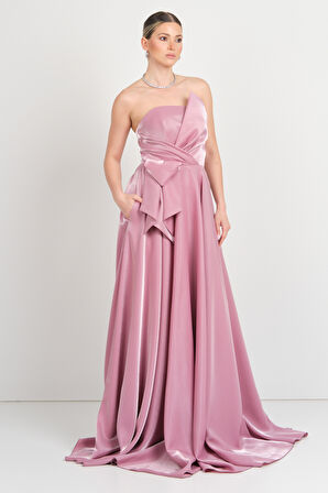 Hvit Vera Kadın Straplez Parlak Saten Kumaş Maxi Abiye Elbise 5785 Pudra