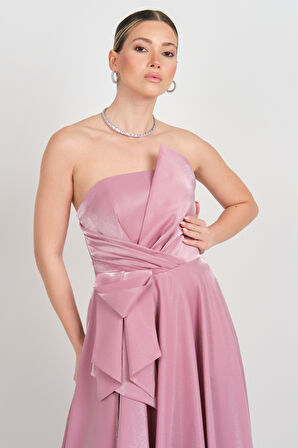 Hvit Vera Kadın Straplez Parlak Saten Kumaş Maxi Abiye Elbise 5785 Pudra