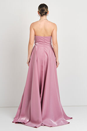 Hvit Vera Kadın Straplez Parlak Saten Kumaş Maxi Abiye Elbise 5785 Pudra