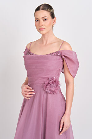 Saygın Kadın İp Asklı Taş İşlemeli Maxi Abiye Elbise 5607 Lila