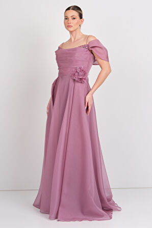 Saygın Kadın İp Asklı Taş İşlemeli Maxi Abiye Elbise 5607 Lila