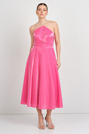 Saygın Kadın Boyundan Bağlamalı Taş Detaylı Midi Abiye Elbise 5598 Fuşya