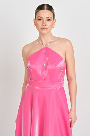 Saygın Kadın Boyundan Bağlamalı Taş Detaylı Midi Abiye Elbise 5598 Fuşya