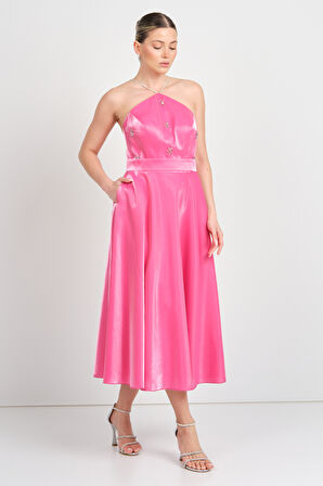 Saygın Kadın Boyundan Bağlamalı Taş Detaylı Midi Abiye Elbise 5598 Fuşya