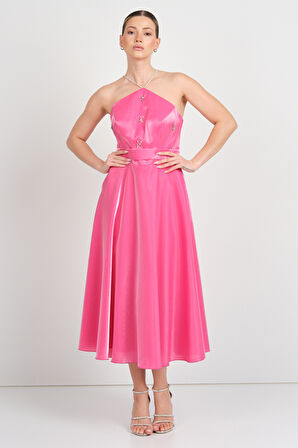 Saygın Kadın Boyundan Bağlamalı Taş Detaylı Midi Abiye Elbise 5598 Fuşya