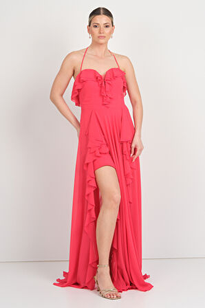 Saygın Kadın Boyundan Bağlamalı Kalp Yaka Fırfır Detaylı Uzun Abiye Elbise 5612 Kırmızı