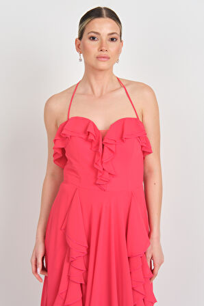 Saygın Kadın Boyundan Bağlamalı Kalp Yaka Fırfır Detaylı Uzun Abiye Elbise 5612 Kırmızı