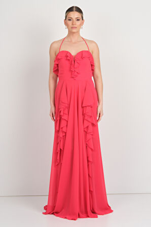 Saygın Kadın Boyundan Bağlamalı Kalp Yaka Fırfır Detaylı Uzun Abiye Elbise 5612 Kırmızı