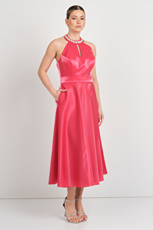 Saygın Kadın Halter Yaka Saten Midi Abiye Elbise 5624 Kırmızı