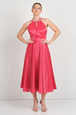 Saygın Kadın Halter Yaka Saten Midi Abiye Elbise 5624 Kırmızı