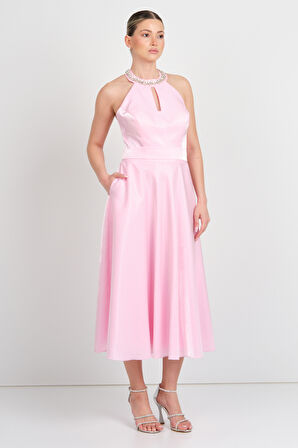 Saygın Kadın Halter Yaka Saten Midi Abiye Elbise 5624 Pembe