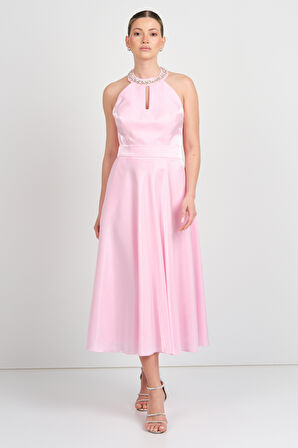 Saygın Kadın Halter Yaka Saten Midi Abiye Elbise 5624 Pembe