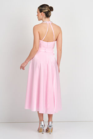 Saygın Kadın Halter Yaka Saten Midi Abiye Elbise 5624 Pembe