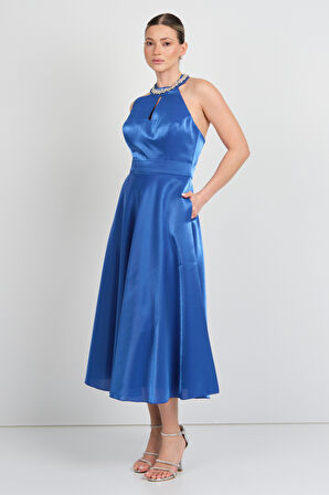 Saygın Kadın Halter Yaka Saten Midi Abiye Elbise 5624 Saks