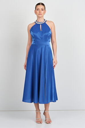 Saygın Kadın Halter Yaka Saten Midi Abiye Elbise 5624 Saks