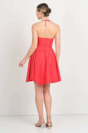 Saygın Kadın Boyundan Bağlamalı Kalp Yaka Mini Abiye Elbise 5621 Kırmızı