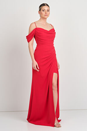 Saygın Kadın İp Askılı Drapeli Yırtmaçlı Uzun Abiye Elbise 5625 Kırmızı