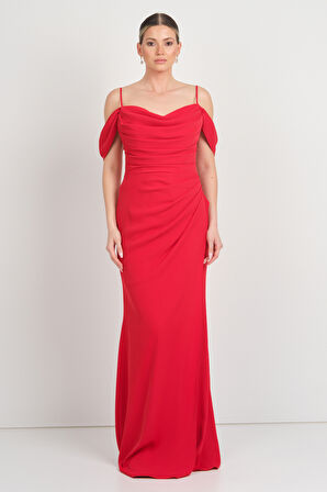 Saygın Kadın İp Askılı Drapeli Yırtmaçlı Uzun Abiye Elbise 5625 Kırmızı