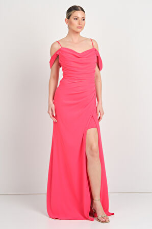 Saygın Kadın İp Askılı Drapeli Yırtmaçlı Uzun Abiye Elbise 5625 Mercan