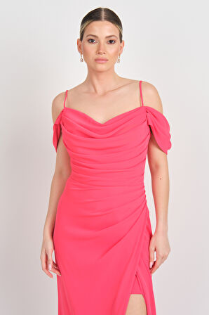 Saygın Kadın İp Askılı Drapeli Yırtmaçlı Uzun Abiye Elbise 5625 Mercan