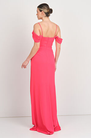 Saygın Kadın İp Askılı Drapeli Yırtmaçlı Uzun Abiye Elbise 5625 Mercan