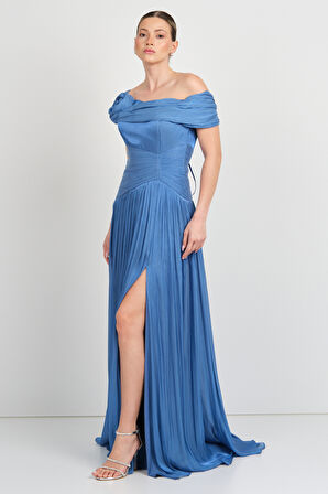 Mor Sposa Kadın Tek Kol Detaylı Derin Yırtmaçlı Şifon Abiye Elbise W0182 Indigo