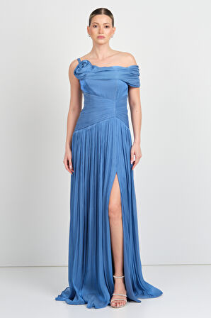 Mor Sposa Kadın Tek Kol Detaylı Derin Yırtmaçlı Şifon Abiye Elbise W0182 Indigo