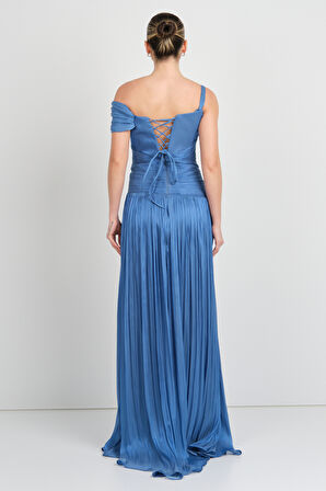 Mor Sposa Kadın Tek Kol Detaylı Derin Yırtmaçlı Şifon Abiye Elbise W0182 Indigo