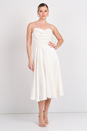 Dans Kadın Taşlı İp Askılı Drapeli Saten Abiye Elbise 1749 Ekru