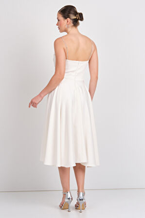 Dans Kadın Taşlı İp Askılı Drapeli Saten Abiye Elbise 1749 Ekru