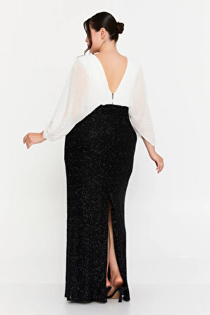 Şeref Vural Kadın Büyük Beden Ön-Arka V Yaka Simli Kumaş Maxi Abiye Elbise 8429 Siyah-Beyaz