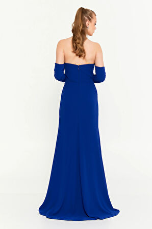 Şeref Vural Kadın Straplez Derin Yırtmaçlı Maxi Abiye Elbise 8384 Saks