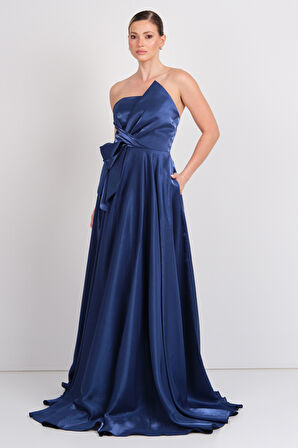 Hvit Vera Kadın Straplez Parlak Saten Kumaş Maxi Abiye Elbise 5785 Lacivert