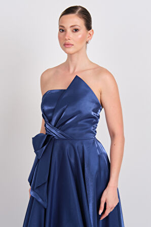 Hvit Vera Kadın Straplez Parlak Saten Kumaş Maxi Abiye Elbise 5785 Lacivert