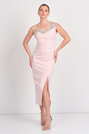 Balen Kadın Taş İşlemeli Tek Omuz Detaylı Midi Abiye Elbise 5136 Pudra