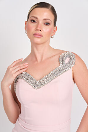 Balen Kadın Taş İşlemeli Tek Omuz Detaylı Midi Abiye Elbise 5136 Pudra