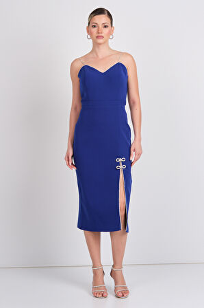 Balen Kadın Askılı Krep Kumaş Midi Abiye Elbise 5102 Saks