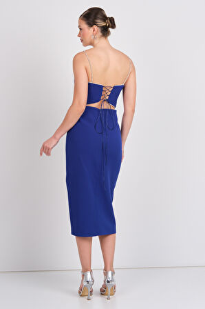 Balen Kadın Askılı Krep Kumaş Midi Abiye Elbise 5102 Saks