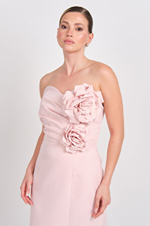 Balen Kadın Straplez Krep Kumaş Gül Detaylı Midi Abiye Elbise 5103 Pudra