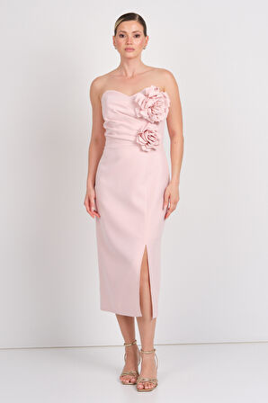 Balen Kadın Straplez Krep Kumaş Gül Detaylı Midi Abiye Elbise 5103 Pudra