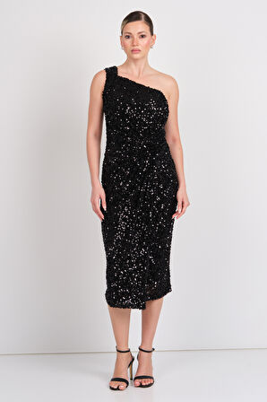 Balen Kadın Tek Omuz Detaylı Full Pul Payetli Midi Abiye Elbise 5118 Siyah