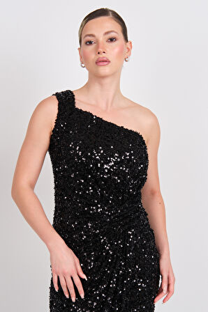 Balen Kadın Tek Omuz Detaylı Full Pul Payetli Midi Abiye Elbise 5118 Siyah