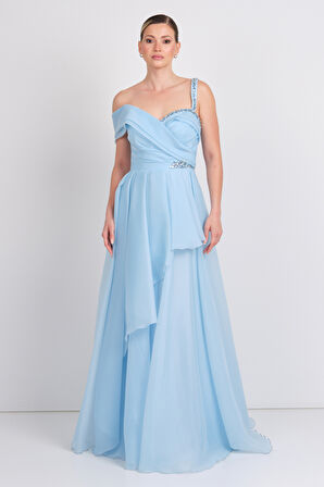 Saygın Kadın Tek Omuz Detaylı Şifon Kumaş Maxi Abiye Elbise 5614 Mavi