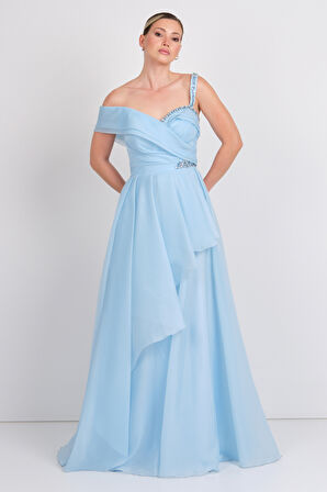 Saygın Kadın Tek Omuz Detaylı Şifon Kumaş Maxi Abiye Elbise 5614 Mavi